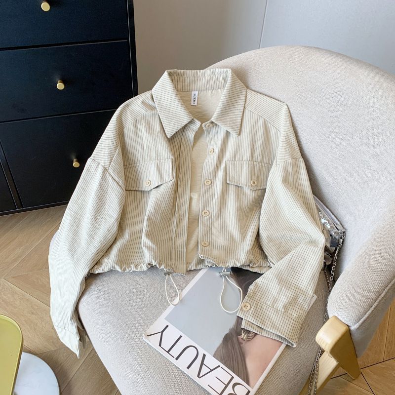 Women's Petite Short Striped Long Sleeved Shirt Jacket Korean Style Versatile Design Early Spring in Stock Real Photos_ecoleips.com