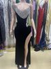 Women's Clothing Rhinestone Design High Slit One Shoulder Sleeveless Black Dress Celebrity Dinner Red Carpet Dress_ecoleips.com