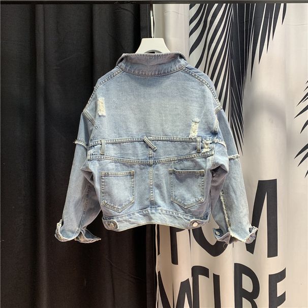 Women's Retro Style Slimming Denim Jacket For Spring Autumn Loose Fit Plus Size Casual Export Style With Frayed Edges_ecoleips.com