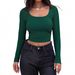 Women's Ribbed Square Neck Long Sleeve T-Shirt – Slim Fit Stretch Top, Breathable & Versatile For Casual & Layering_ecoleips.com