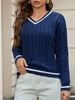 V-Neck Cable Knit Sweater – Oversized Ribbed Pullover (Polyester Blend, Blue/Red/Gray/Black, S/M/L/XL)_ecoleips.com