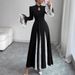 Stand Up Collar Zipper Design High Grade Lace Splicing Trumpet Sleeve Long Elegant Dress_ecoleips.com