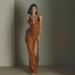 2026 Summer Cross-Border French Sexy Satin Long Dress, High-End Champagne Color Gown, Backless, Waist-Cinching, Slit_ecoleips.com