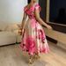 Orange Blossom Print Dress Ruffled Neckline Elegant Vacation Style Slimming Waist Defining Women's Clothing/Dress_ecoleips.com