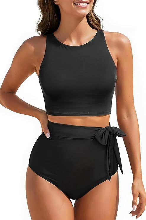 1pc Women 2026 Solid Color European American Style High Waist Sporty Swimwear Fashion Bathing Suit_ecoleips.com