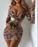 Women's Fashion Long Sleeved Square Neck Sexy Low Cut Slim Fit Wrap Hip Print Dress For Women_ecoleips.com