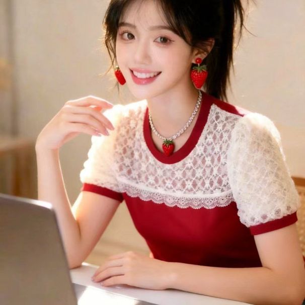 2026 Spring/Summer New Designer Knit Lace Contrast Color Patchwork Short Sleeve Top Women's Base Layer Shirt_ecoleips.com