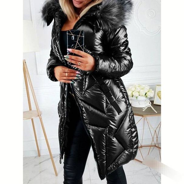 Women's Shiny PU Trench Coat With Faux Fur Hood - Slim Fit Long Winter Jacket, Warm Quilted Outerwear For Cold Weather_ecoleips.com