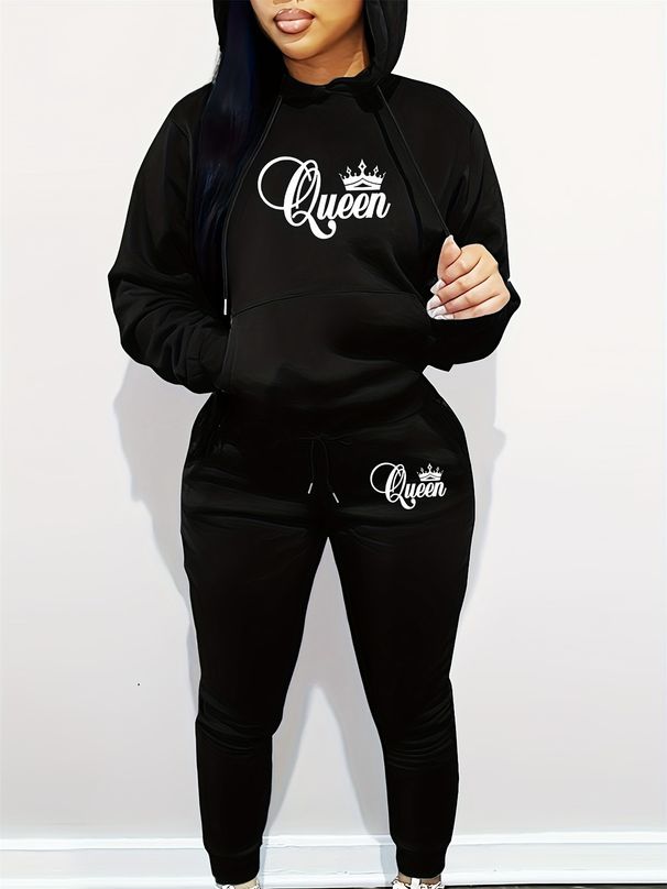 Women's Autumn And Winter Fashionable Casual Queen Letter Print Thick Suede Warm Hooded Sweatshirt+sports Pants Set-817_ecoleips.com