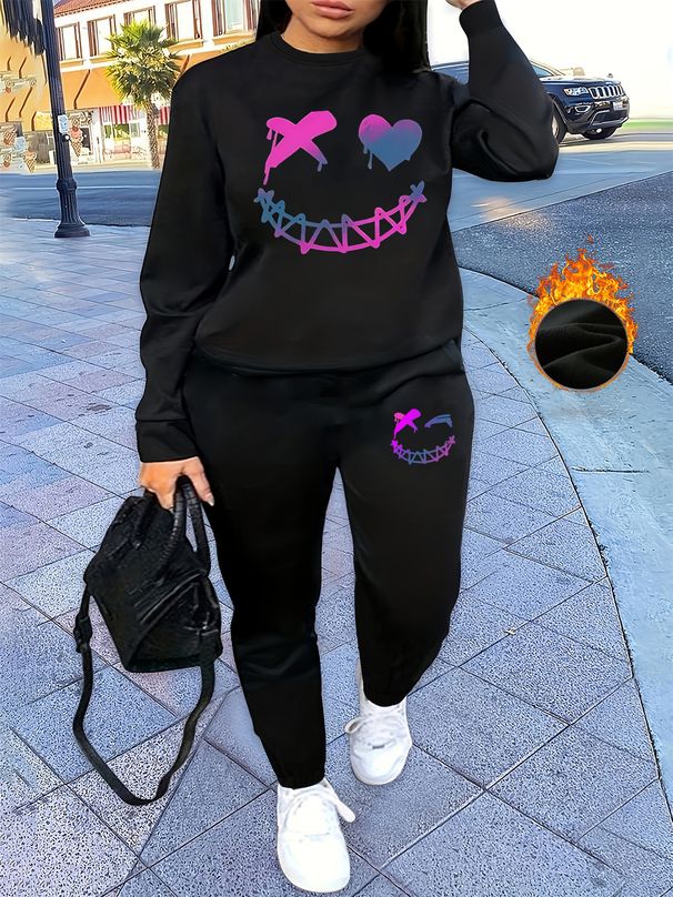 Women's Autumn And Winter Hip-hop Casual Street Smiling Face Pattern Printed Round Neck Sports Shirt+sports Pants Set-488_ecoleips.com