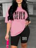 Summer Women's Casual Fashion NEVER Give Up Letter Printed Loose T-shirt Shorts Two-piece Set Summer Sportswear Suitable For Daily Wear-174_ecoleips.com