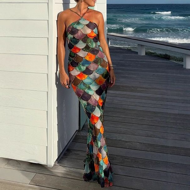 Women's Clothing Summer Women's Printed Dress Halter Neck Color Block Long Sleeveless Fashionable Elegant Sexy Women's Clothing_ecoleips.com