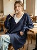 Navy Deep V Multi Pocket Pit Rib Knit Tunic Sweater, Oversized Loose Lightweight Breathable Soft Skin-touch Long Sleeve Pullover_ecoleips.com