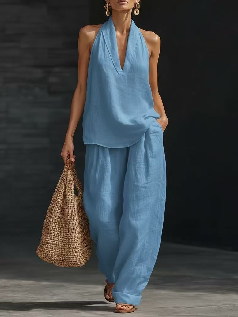 Women's Sleeveless Halter Shoulder Set Loose Summer Casual Wide Leg Pants Two Piece Trendy Fashion_ecoleips.com