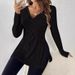 K Large Size Women's New Long Sleeved Solid Color V-neck Casual Home Pit Stripe Top_ecoleips.com