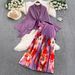 Women's Oversized Tie Waist Batwing Sleeve Pleated Top High Waist Print Skirt Set European American Style Loose Fit_ecoleips.com