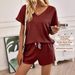 Women's Summer Two Piece Set V Neck Solid Color Elegant T-Shirt Wide Leg Tie Waist Shorts Casual Outfit_ecoleips.com