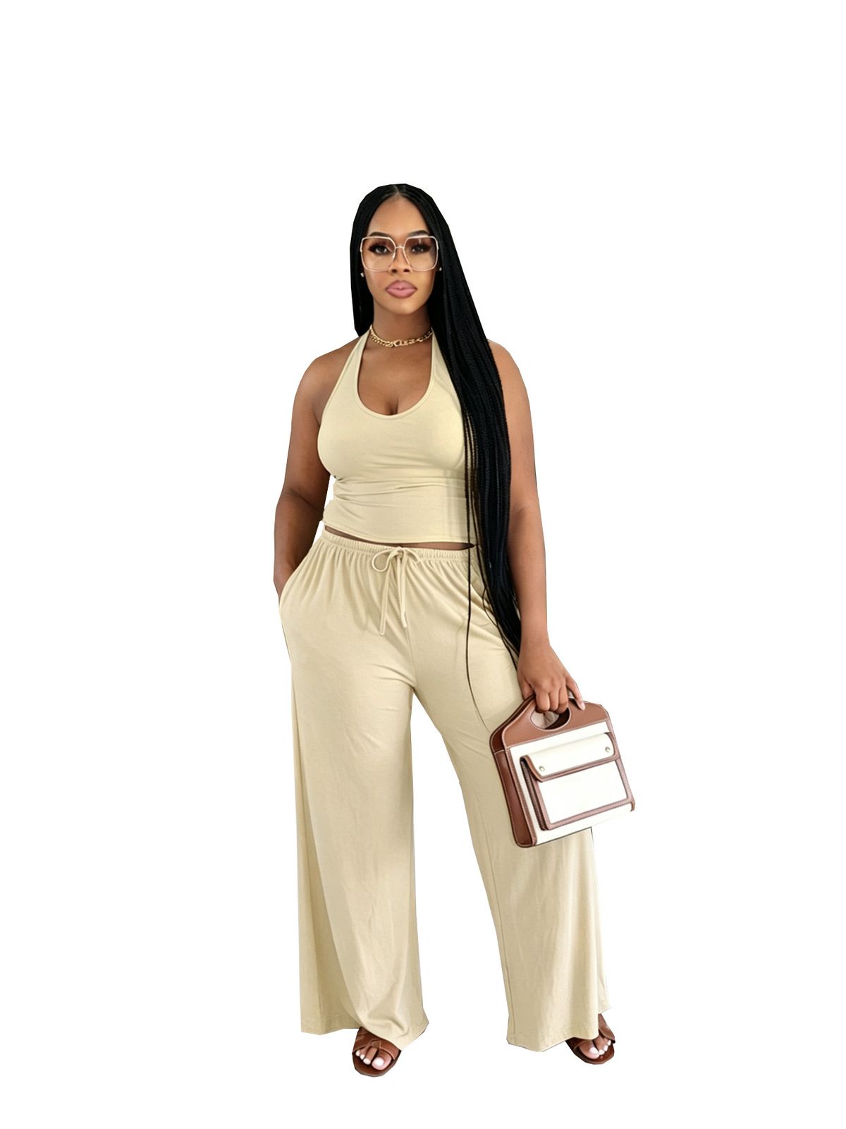 Women's Summer Halter Neck Set Solid Color Casual Street Style Wide Leg Pants With Pockets High Waist For E-commerce European_ecoleips.com