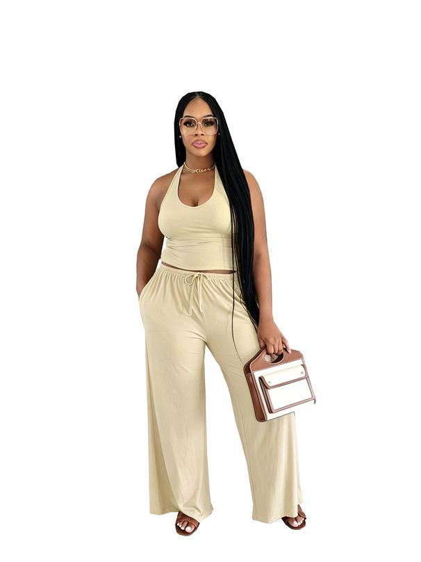 Women's Summer Halter Neck Set Solid Color Casual Street Style Wide Leg Pants With Pockets High Waist For E-commerce European_ecoleips.com