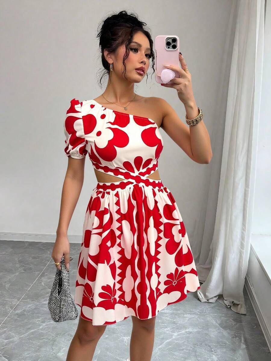 Women's Clothing Neck Printed Hollow Waist Dress_ecoleips.com