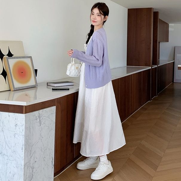 Autumn New Wear Knitted Patchwork Vest Purple Sweater 2-Piece Maternity Dress_ecoleips.com