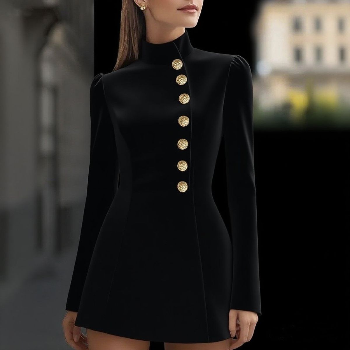 Elegant Women's White Blazer Dress, Long Sleeve High Neck Gold Button Slim Mini Dress For Office & Party_ecoleips.com