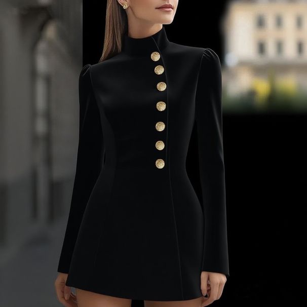 Elegant Women's White Blazer Dress, Long Sleeve High Neck Gold Button Slim Mini Dress For Office & Party_ecoleips.com