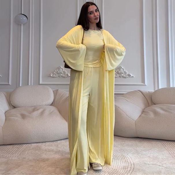 Women's Clothing Summer New Casual Long Coat Long Sleeved T Shirt High Waist Trousers Three Piece Suit_ecoleips.com