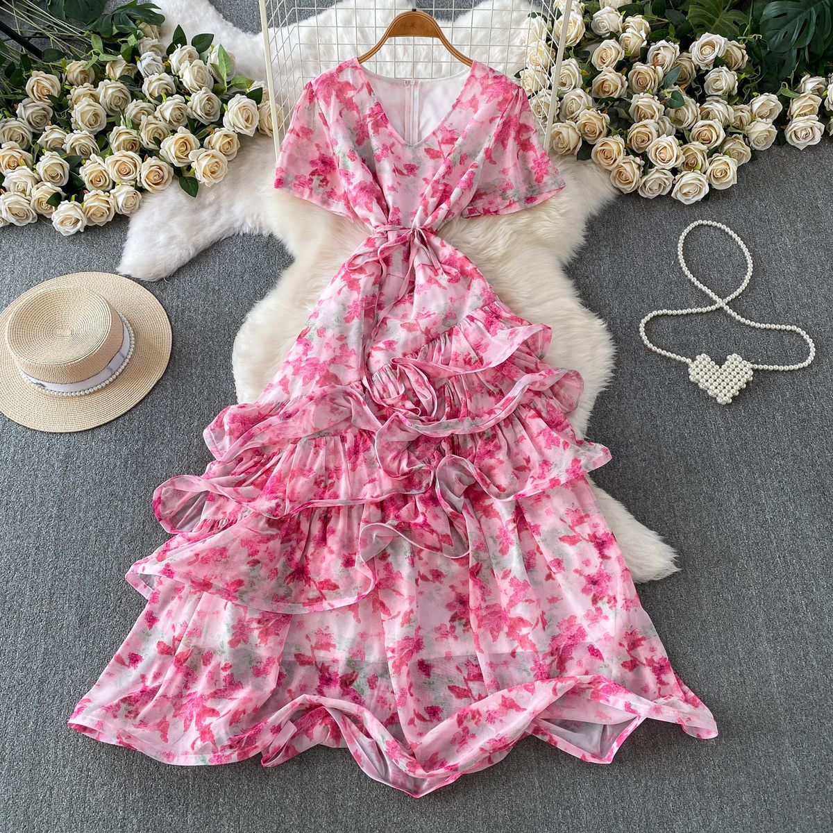 Women's French Style Light Luxury Tie Dye Print V Neck Dress Summer Slimming Elegant Long Cake Dress Resort Inspired_ecoleips.com