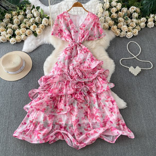Women's French Style Light Luxury Tie Dye Print V Neck Dress Summer Slimming Elegant Long Cake Dress Resort Inspired_ecoleips.com