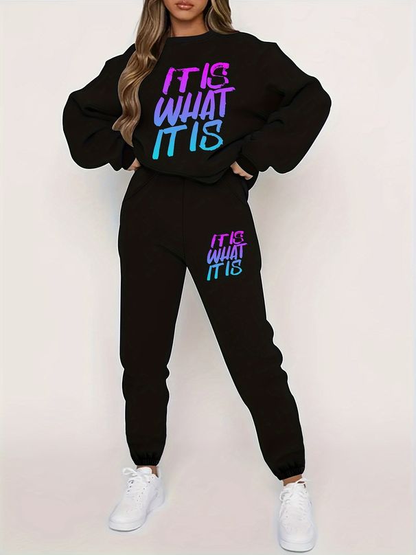 Women's Autumn And Winter Hip-hop Casual Street ITIS WHAT ITIS Letter Printed Round Neck Sweatshirt+sweatpants Warm Suit-653_ecoleips.com