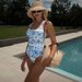 Women's Blue White Porcelain Print One Piece Swimsuit Sleeveless Wire-Free Vacation Suit_ecoleips.com