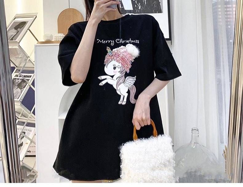 Women's Summer Short Sleeve T-Shirt Trendy Cartoon Print Mid-Length Loose Top for Students Base Shirt Casual Wear_ecoleips.com