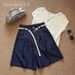 Tencel Denim Shorts For Women, High Waist A-Line Wide Leg Mid-Length Shorts, Casual Straight Cut Trousers With Free Belt_ecoleips.com