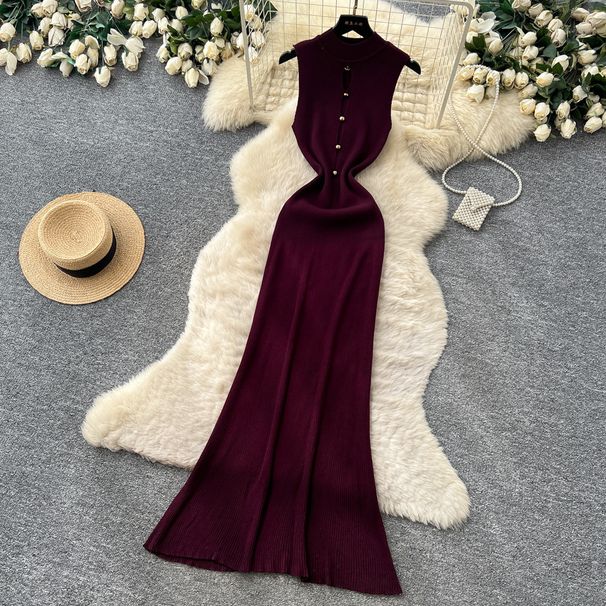 Women's Minimalist High-Waisted Single-Breasted Long Dress Sleeveless Knitted Slim-Fitting Elegant Sophisticated for Commuting_ecoleips.com