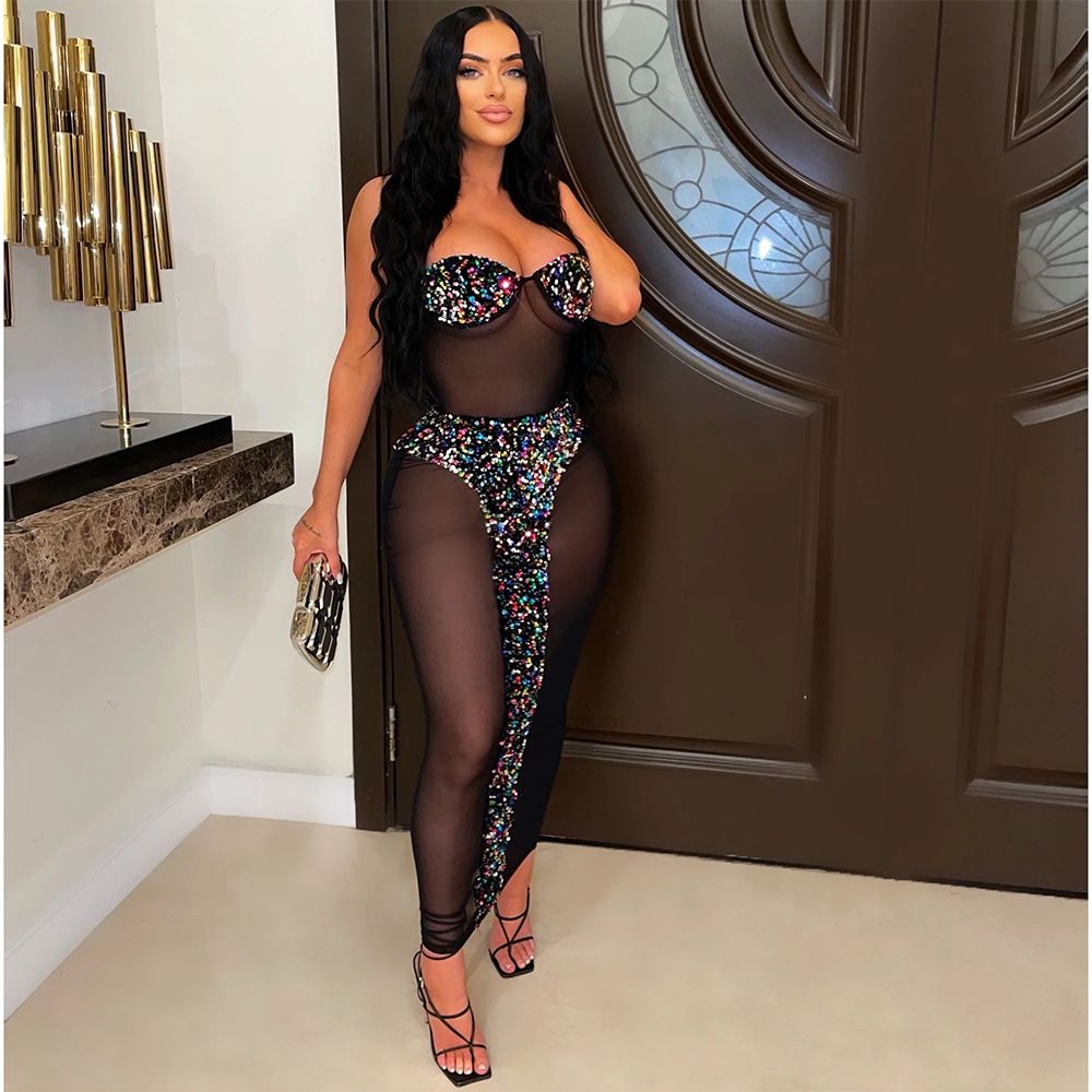 women's clothing spring and summer new sexy tube top see-through sequined dress for women_ecoleips.com
