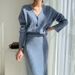 Women's Clothing elegant V-neck linen pattern knitted cardigan sweater + high waist sheath skirt_ecoleips.com