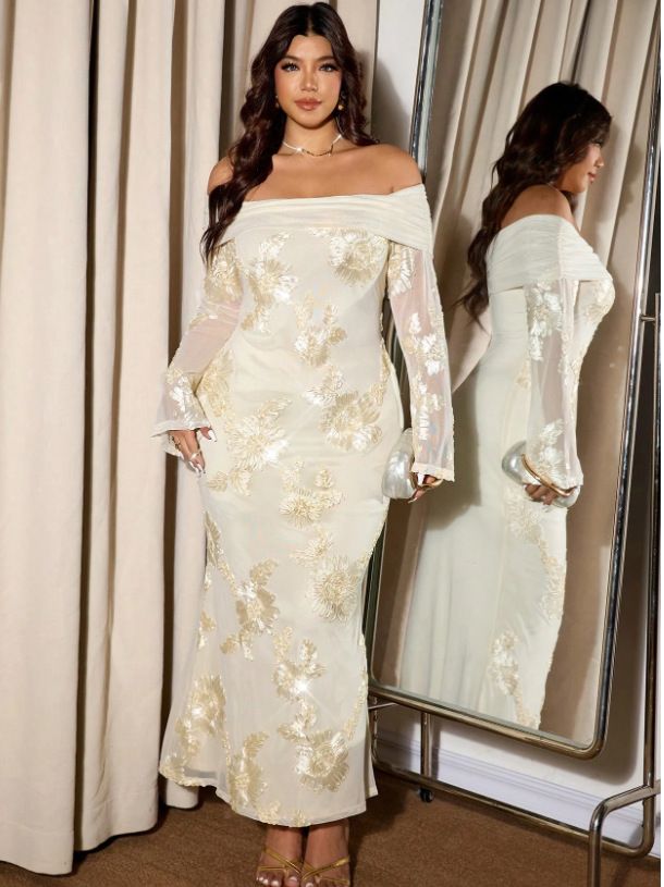 Elegant Plus Size Off-Shoulder Dress With Floral Embroidery – Stretchy Long Sleeve Bodycon Dress For Women (Available In 5 Sizes)_ecoleips.com