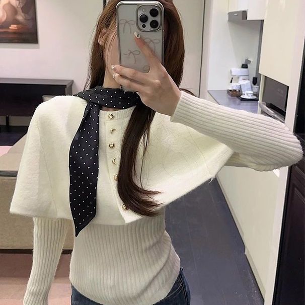 girl Christmas Atmosphere Red Cape Shawl Sweater For Women Autumn Winter Knitted Base Shirt Two-Piece Set Short Style Noble_ecoleips.com