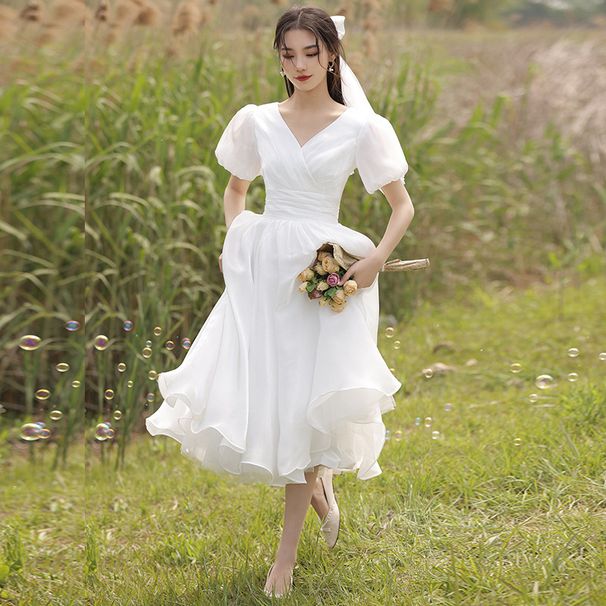 White Formal Registration, Suitable Everyday Wear, Elegant V-neck French-style For Birthday Parties, Light Wedding Dress_ecoleips.com