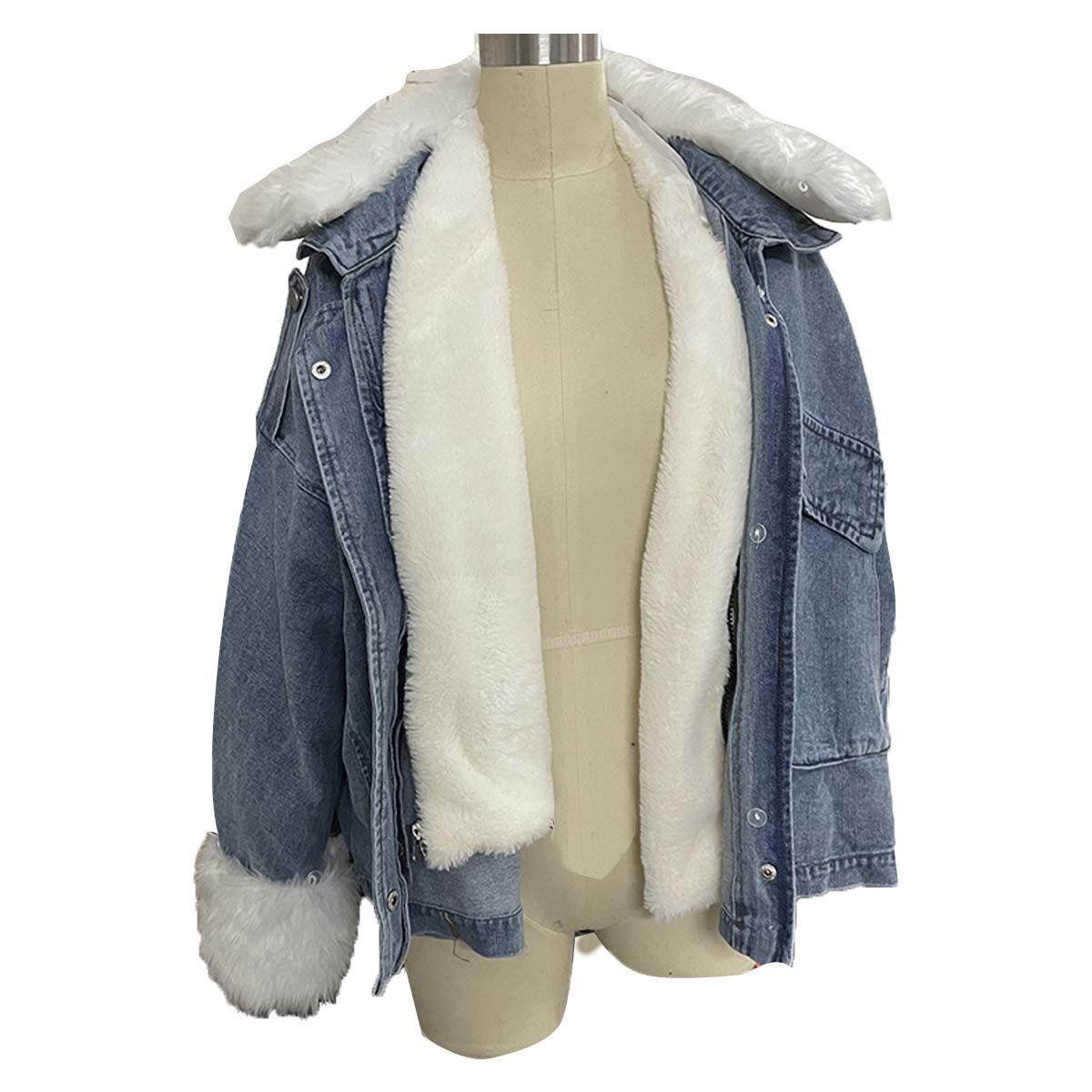 Women's Wash White Denim Short Fur Jacket_ecoleips.com
