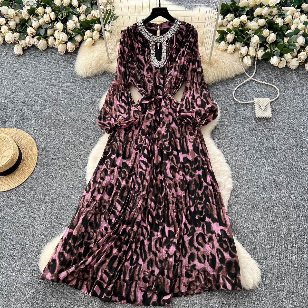 Women's Clothing High End Leopard Print Puff Sleeve Dress For Women Summer Belt Slim Diamond Design Hot Girl Long Skirt_ecoleips.com