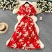 Women's Clothing Summer New Style High Grade Strap Waist V Neck Flared Sleeve Slim Temperament Printed Chiffon Dress_ecoleips.com