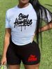 Summer Women's Casual Fashion Stay Humble Letter Graphic Printed Loose T-shirt Shorts Two Piece Set Sportswear Suitable For Daily Wearing-135_ecoleips.com