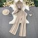 Women's Clothing Premium Gray Suit Set For Women V Neck Double Breasted Vest Sleeveless Belted Top High Waisted Slim Fit Wide Leg Trousers_ecoleips.com