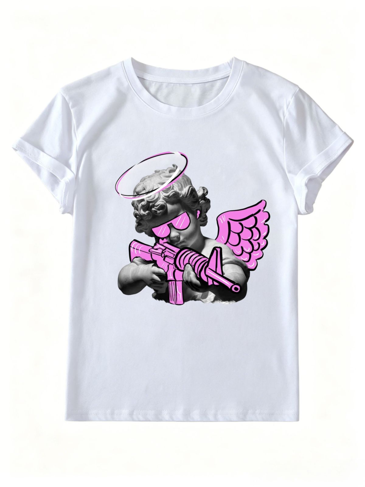 Women Pink Wing Angel With Gun Sunglasses Graphic T-Shirt Y2K Streetwear Crew Neck Short Sleeve Casual Tee_ecoleips.com