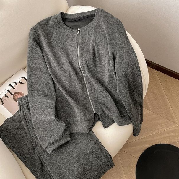 Women's Clothing Round Neck Casual Temperament Versatile Knitted Suit High Waist Wide Leg Pants Two Piece Suit_ecoleips.com