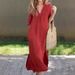 Women's Clothing Cotton And Linen Women's Summer V Neck 7 Point Sleeve Chest Pleated Dress With Slits On Both Sides_ecoleips.com