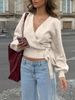 Women's European American Style Crossover V-Neck Base Knit Top Irregular Tie Short Pullover for Autumn Winter Fashion_ecoleips.com