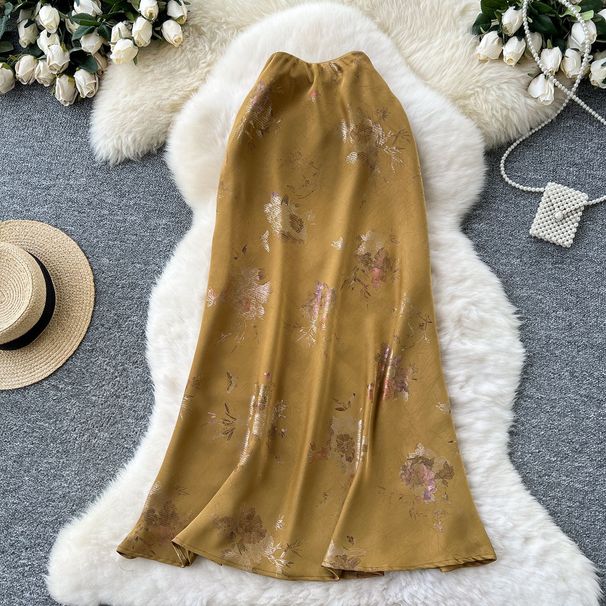 Women's Clothing Light Mature Style High Grade Hot Stamping Print Fishtail Skirt Female Summer High Waist Slim Satin Hip Covering Midi Skirt_ecoleips.com